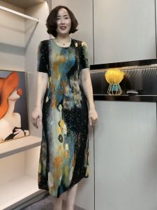 Elegant Floral Print Pleated Midi Dress Summer Elastic Lightweight High End Mommy Fashion A-Line Skirt round Neck Short Sleeve