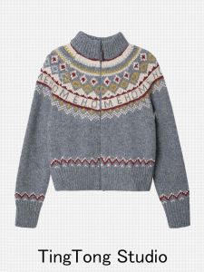 สีเทาเข้ม ซิป ถักสูง ปกเสื้อ เสื้อสเวตเตอร์ เสื้อโค้ท ผู้หญิง ฤดูใบไม้ร่วง ฤดูหนาว บรรยากาศวินเทจชุดคริสต์มาส Fier Island สไตล์