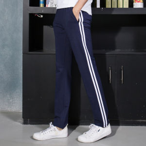 Mens Pure Cotton Sport Pants Winter New Fleece Tall Students Large Size Two Bars School Uniform Pants Straight Leg Fit