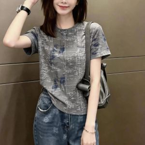 Retro Print Loose Fit Slimming T-Shirt Short Sleeve Top