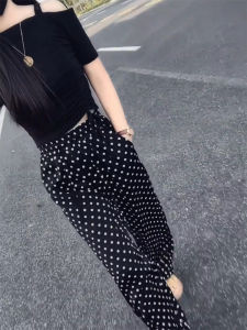 Black Polka Dot Wide Leg Casual Pants Womens Loose Fitting Slimming Drapey Floor-Length Trousers for Pear Shaped Body