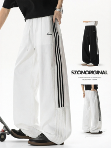 SZON | Side Stripe Straight Leg Summer Thin Cotton Trousers