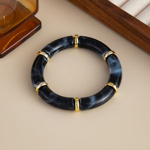KunJoe 10 Colors Vintage Stackable Acrylic Bracelets for Women Bohemian Round Tube Beaded Bracelet Leopard Resin Elastic Bangle