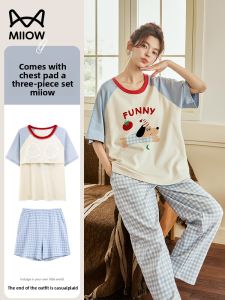 MiiOW | Pure Cotton Summer Sleepwear Womens Breathable Home Clothes Set With Chest Pad Anti-Bulge Cute Three-Piece Set For Girls