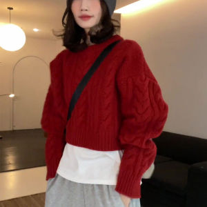 Áo Len Dệt Kim Ngắn Màu Đỏ Cho Nữ Dáng Rộng Thoải Mái Cổ Tròn Phong Cách Đường Phố Thời Trang Thu Đông 2025 Áo Len Cardigan