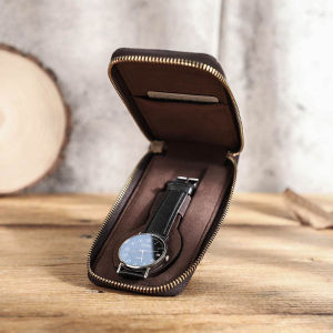 Hiram Crazy Horse Leather Men Watch Case Box Travel Case Chic Portable Vintage Watch Storage Box Organizers with Card Pocket Small bag