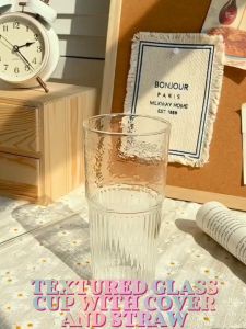 Borosilicate Glass Cup Textured Korean Inspired Tumbler with Cover and Straw Stylish Glass Tumbler for Hot Cold Drinks
