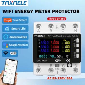 Tuya WiFi Smart Energy Power kWh Meter 3 Phase Over Under Voltage Protector Relay Switch 80A 110V 220V Current Limit Timer