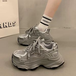Womens Dad Shoes Thick Sole Breathable Mesh Upper Sports Sneakers Heightening Casual Comfortable Silver Color Spring Autumn