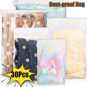 30Pcs Reusable Storage Bags - For Clothes Shoes Packaging - Travel Make Up Organizer - Clear Waterproof Dust-proof - Self sealing Frosted Daisy Printed Bag