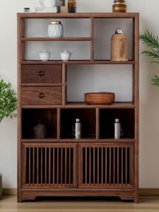 Traditional Chinese Style Tea Room Storage Cabinet Walnut Brown Wooden Multi-level Display Shelf Old Elm Wood Low Bookcase