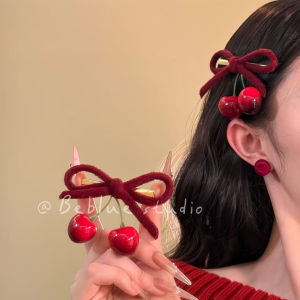 Sweet Velvet Cherry Duckbill Hair Clips Womens Bangs Hair Accessories No Trace Fringe Hairpins Headwear New Years Decorations