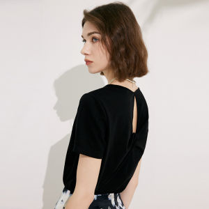 MeetMetro Womens Short Sleeve T-Shirt Pure Cotton Hollow out round Neck Design Summer New Style Commute Simple Style Top