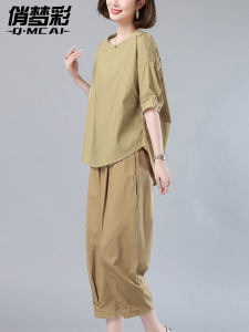 ชุดสองชิ้นผ้าฝ้ายลินินลำลองสำหรับคุณแม่ ชุดฤดูร้อนปี 2025 ใหม่ ปกปิดเนื้อ กระโปรงทรงหลวม แฟชั่นสำหรับผู้หญิงวัยกลางคน