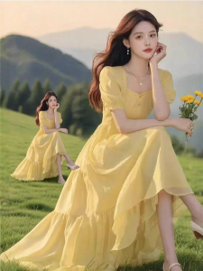 NUMEN BUTTON | Chic Yellow Puff Sleeve Dress
