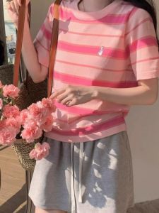 Áo Thun Nữ Dáng Rộng Mùa Hè Tay Ngắn Họa Tiết Sọc Cổ Tròn Thời Trang Chống Lão Hóa Giảm Béo Vai Thường