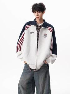 เสื้อแจ็คเก็ตสเวตเตอร์คอตั้งลายทางสีบล็อกสไตล์อเมริกันสำหรับผู้ชาย ทรงหลวม ลำลอง หลากหลายกีฬา เสื้อแจ็คเก็ตผ้าคอตตอนอวกาศ