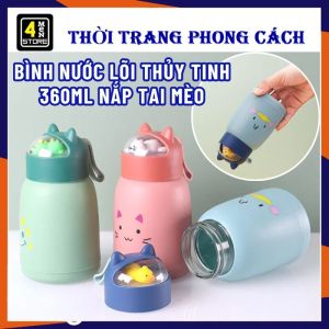 Bình Nước Thủy Tinh Cho Bé 360ML Nắp Thú Dễ Thương - Chai Bình Đựng Nước Đi Học Cute Cách Nhiệt