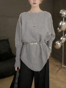 Gray Slimming Sweater Womens Casual Style Commute Waist-Cinching Autumn New Fashion Simple Elegant Korean Version Long Sleeve