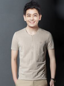 ROMON | Lormen Mens Ice Silk Short Sleeve T-Shirt Summer Thin V-neck Chinese Style Chicken Heart Tang Costume Top For Middle-aged And Elderly