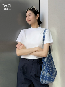 Áo Thun Tay Ngắn Cổ Cao Màu Trắng Cạp Cao Thường Ngày Đi Làm Thoải Mái Thoáng Khí Cotton Nguyên Chất Mùa Hè Cho Nữ