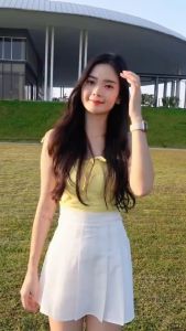 E71 พร้อมส่งในไทย เสื้อสายเดี่ยวคู่ ดีเทลผูกรูดหน้าอกได้ มีฟองน้ำในตัวผ้านุ่ม ตกแต่งโบว์จิ๋วน่ารัก