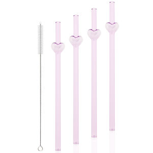 4pcs Heart-shaped Straws Set Reusable Glass Straws with 1pc Cleaning Brush Suitable for Milkshakes Juices Coffee Bar Accessories