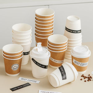 Thickened Disposable Coffee Cup with Lid for Hot Drinks Water Packaging Takeaway Special Commercial Use Paper Cup