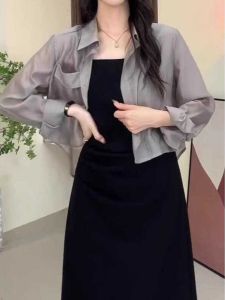 Plus Size Loose-Fit Gray Tencel Sun Protection Shirt Womens Summer Suspender Skirt Outer Wear Cardigan Loose Thin Sun Protection Clothing