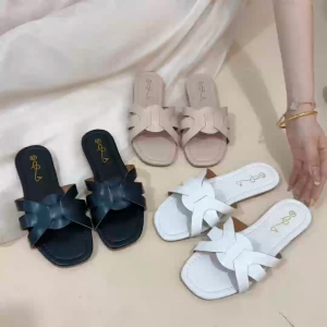Elegant New Women Flat Sandals with Bow Detail and Open Toe Design. Beige color flat sole open toe bow detail womens shoes SAK-206