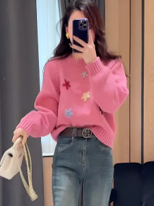 Pink Embroidered round Neck Long Sleeve Lazy Style Womens Sweater 2024 Autumn Winter Versatile Top Dopaamine Design Sense