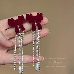 Silver Needle Pearl Tassel Butterfly Knot Ear Jewelry for Women Wedding Ceremony Wine Offering Ceremony Fashionable Elegant