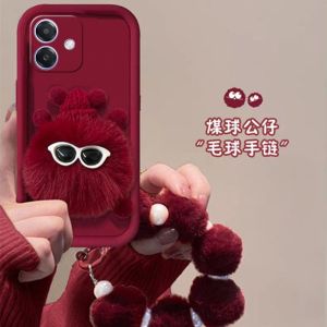 Phone Case OPPO A5 Pro A3X A3 Pro 5G Stylish 3D Red Plush Coal Ball Couple Casing OPPOA5Pro with Pearl Plush Wristband Lens Protection Soft Back Cover 2025
