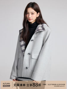 RPB Brand Plaid Splicing Design Hat Design Woolen Coat Womens Coat Long Sleeve Commute Style Polyester Fiber Blend