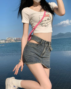 Váy Mini Denim Cạp Cao Khoét Rỗng Cho Nữ Mùa Hè 2022 Váy Ngắn Chữ a Ôm Sát Cỡ Nhỏ Thiết Kế Tay Ngắn Váy Ngắn