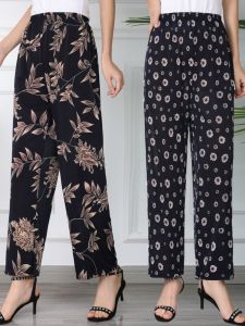 กางเกงขายาวทรงตรงผ้าลายดอกไม้สำหรับผู้หญิงในฤดูร้อน กางเกงขายาวทรงหลวมสบาย ๆ ระบายอากาศได้ดี สำหรับผู้หญิงวัยกลางคนและผู้สูงอายุ