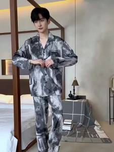 Ice Silk Pajamas Mens Spring and Autumn Long-Sleeved Trousers Thin Casual Cardigan High Sense Mens Home Wear Suit