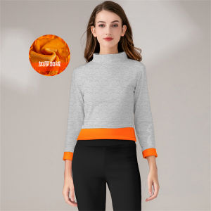Autumn Winter Womens Long Sleeve T-Shirt Thickened Fleece Half High Collar Base Shirt Casual Style Pure Color Slim Fit Top