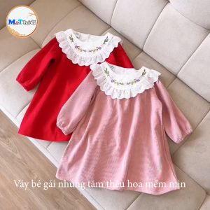 Váy bé gái nhung tăm thêu hoa mềm mịn mặc đi chơi đi du lịch MT5275