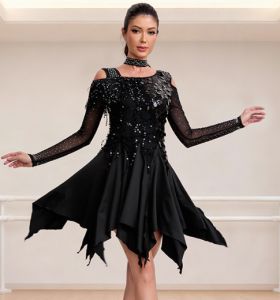 Latin Dance Dress Performance Dress Ball Professional Competition Dress Dance Dress Glitter Long Sleeve Tassel Dress