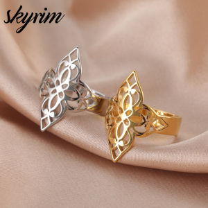 SKYRIM Stainless Steel Ring Hollowed Paper Cuttings Flower Opening Adjustable Ring for Couple Jewelry Valentines Day gift