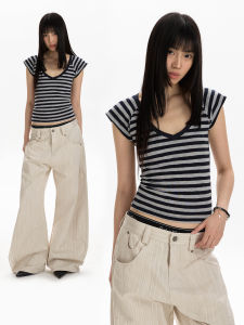 APOCKET | Summer Casual Color-block Striped Waist-cinching Slim Fit V-neck T-shirt