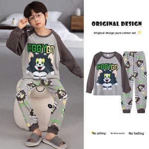 MiiOW | Pure Cotton Catman Childrens Sleepwear Long Sleeve Pants Set Boys Home Clothes Suitable For Outdoor Wear Autumn New Arrival