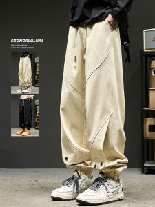 Mens Casual Cotton Work Pants Loose Fit Spring Autumn Pure Color Patchwork Trousers Comfortable Breathable Youth Fashion