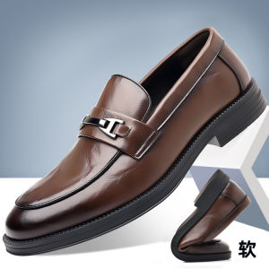 Mens Soft Leather Slip-On Shoes Thin Breathable Business Casual Commute Bean Shoes Fashionable British Style round Toe Low Heel