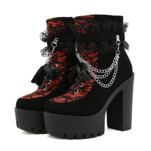 Gdgydh Vintage Gothic Lace Ankle Boots for Women Chunky Heel Side Zipper with Chain Detail Platform Goth Boots High Heels