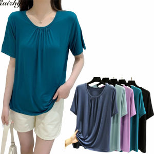 Ruizhijzg Ready Stock Plus Size 40-100kg U Neck Loose T Shirt For Women Summer Modal Cotton Short Sleeve Top Casual Sports Versatile Round Neck Shirt Large Size Solid color Slim