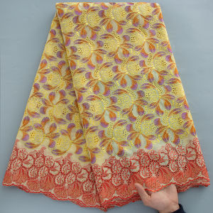 2026 Cream African Swiss Voile Lace Fabric - Purple & Orange Floral Pattern 5Yards Cotton With Stones For Womens Bridal Dress