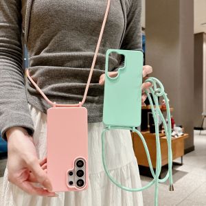Matte Silicone Soft Case For Samsung Galaxy S26 S24 S23 S25 S22 S21 Ultra Plus FE Edge Crossbody Lanyard Strap Cord Candy Cover