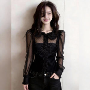 French Black Polka Dot Lace Long Sleeve Spring New Fashion Slim Fit Elegance Top